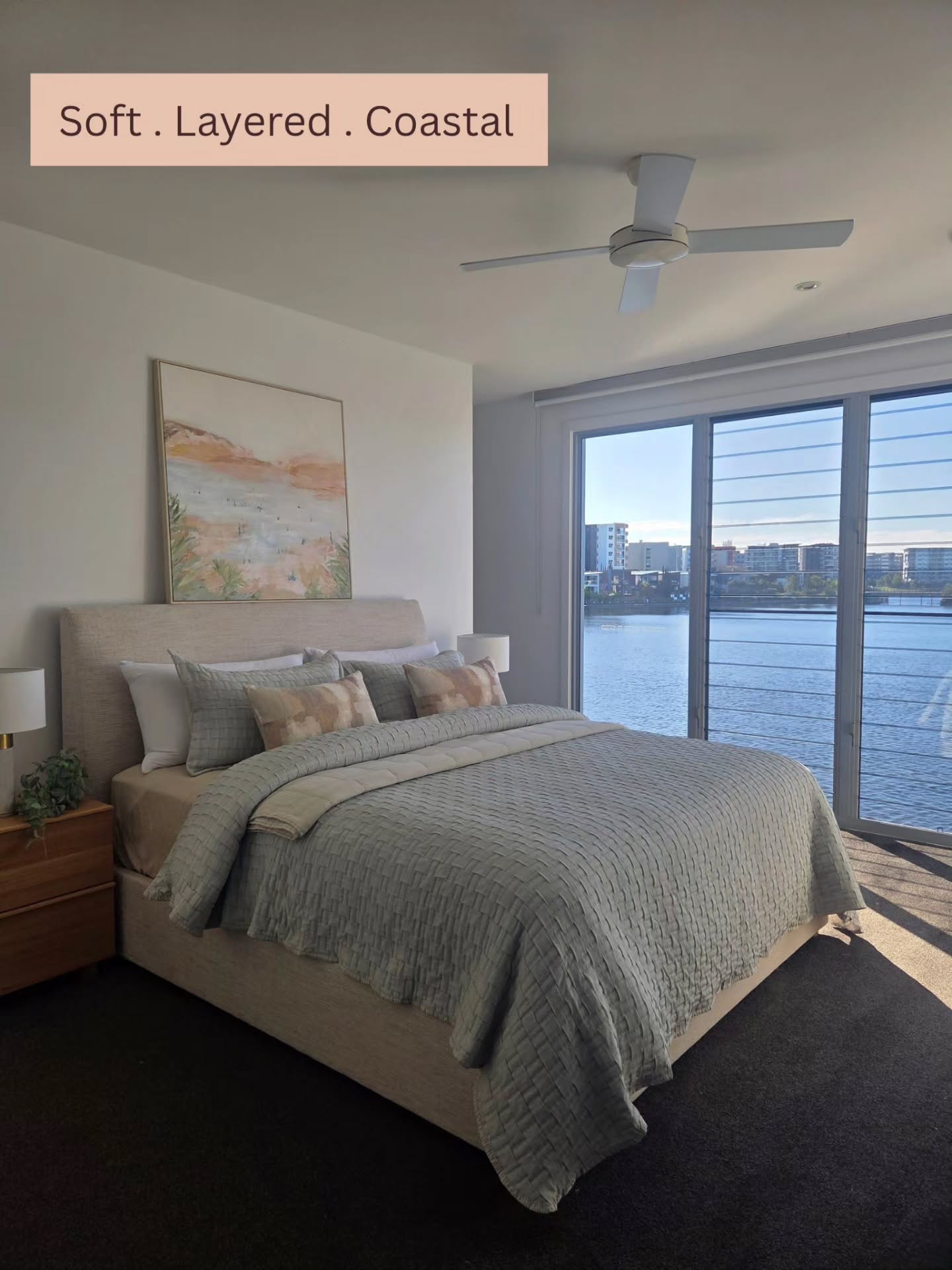 Waking up to a waterfront view should feel like a luxury, so we made sure the room finally matched it. 

This is what a considered refresh can do 🖤 Swapping out heavy pine for a linen upholstered bed frame, introducing soft sage tones and layered textures, and letting that incredible waterfront view finally take centre stage.

After everything this home has been through, our clients deserved a master bedroom that felt like a true retreat. Every piece chosen with care, every texture considered, a fresh start they can wake up to every single day.

So happy to have helped bring this beautiful home back to life. 🤍

Before → After.

#interiordesign #bedroomdesign #coastaldesign #interiorinspo