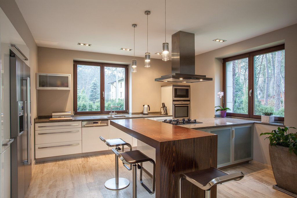 The kitchen island in a four-bed flat