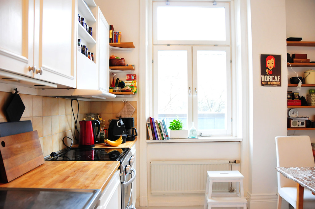 A galley kitchen in a studio