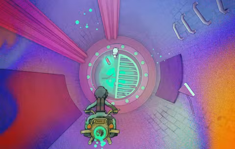 Yuga Halcyon Dash game where the hero is riding a scooter inside a sewer, but the colors are psychedelic.