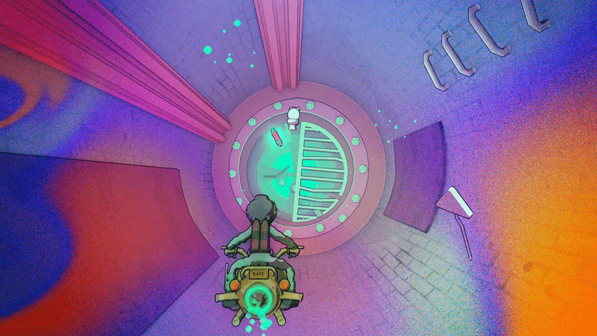 Yuga Halcyon Dash game where the hero is riding a scooter inside a sewer, but the colors are psychedelic.