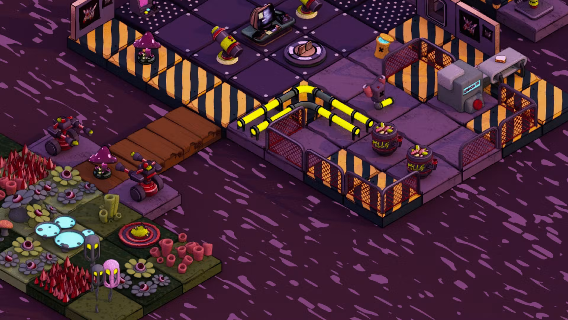 A map of the Yuga Heavy Metal game, the map is industrial like, with orange stripes, sewers background and some wild flowers.